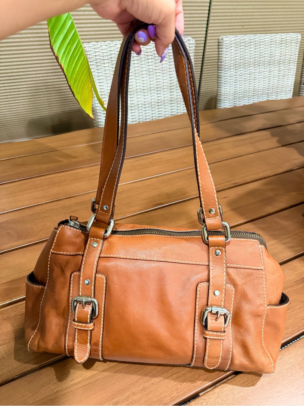Fossil Cognac Leather Shoulder Bag with Buckle Straps
